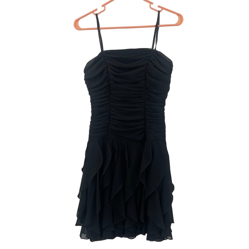 BETSY AND ADAM Y2K Dress Size 4 Black Drop Waist Ruffles Ruched Mini Strapless